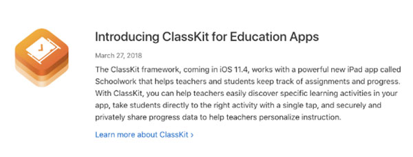 苹果宣布将会在iOS 11.4，加入ClassKit
